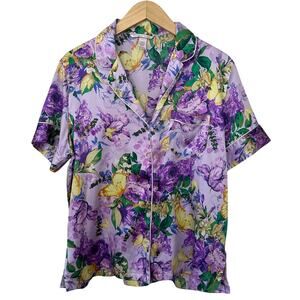 Victoria's Secret Sleepshirt Womens Medium Purple Floral Button Up V Neck Pocket